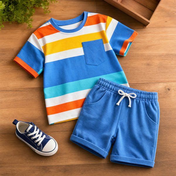 Colorful playful children's t-shirt and shorts with a sneaker at Putani, Hunsur