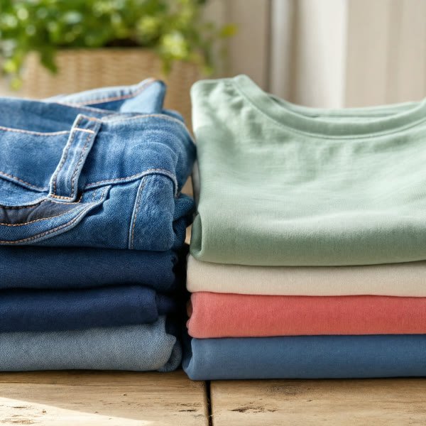 Casual everyday denim and cotton t-shirts folded neatly at Putani, Hunsur