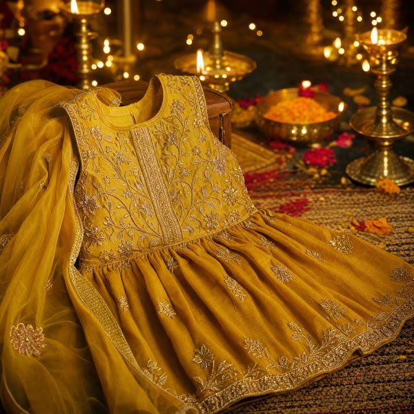 Gold-embroidered festive children's outfit with diyas, popular with Saligrama families for temple visits and celebrations