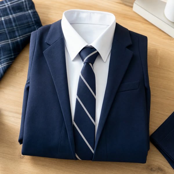 Neatly folded navy and white school uniform with tie at Putani, Hunsur
